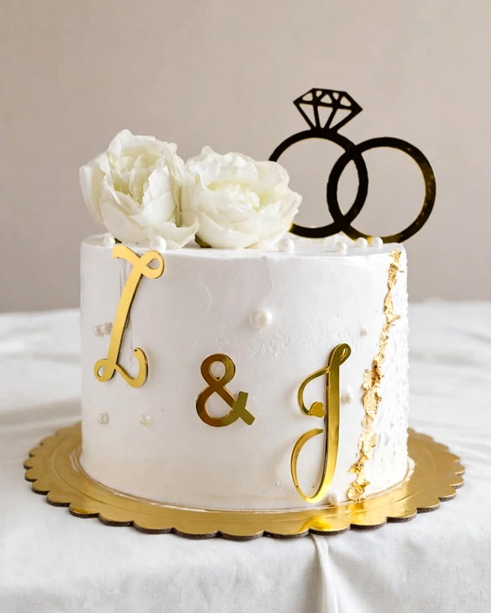 Bolo de casamento JUARIBEL com iniciais douradas e peónias brancas